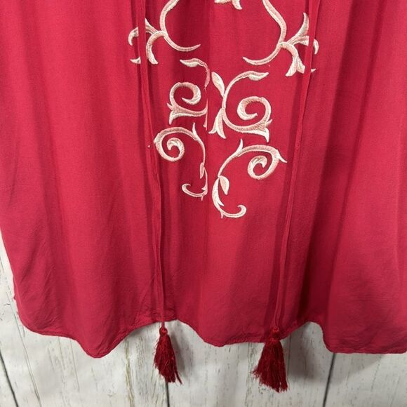 Lulus Embroidered Boho Lace Up Tassel Red Summer Beachy Tunic Mini Dress - Picture 11 of 16